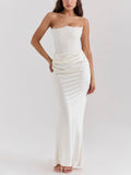 White Strapless Draped Bodycon Maxi Dress