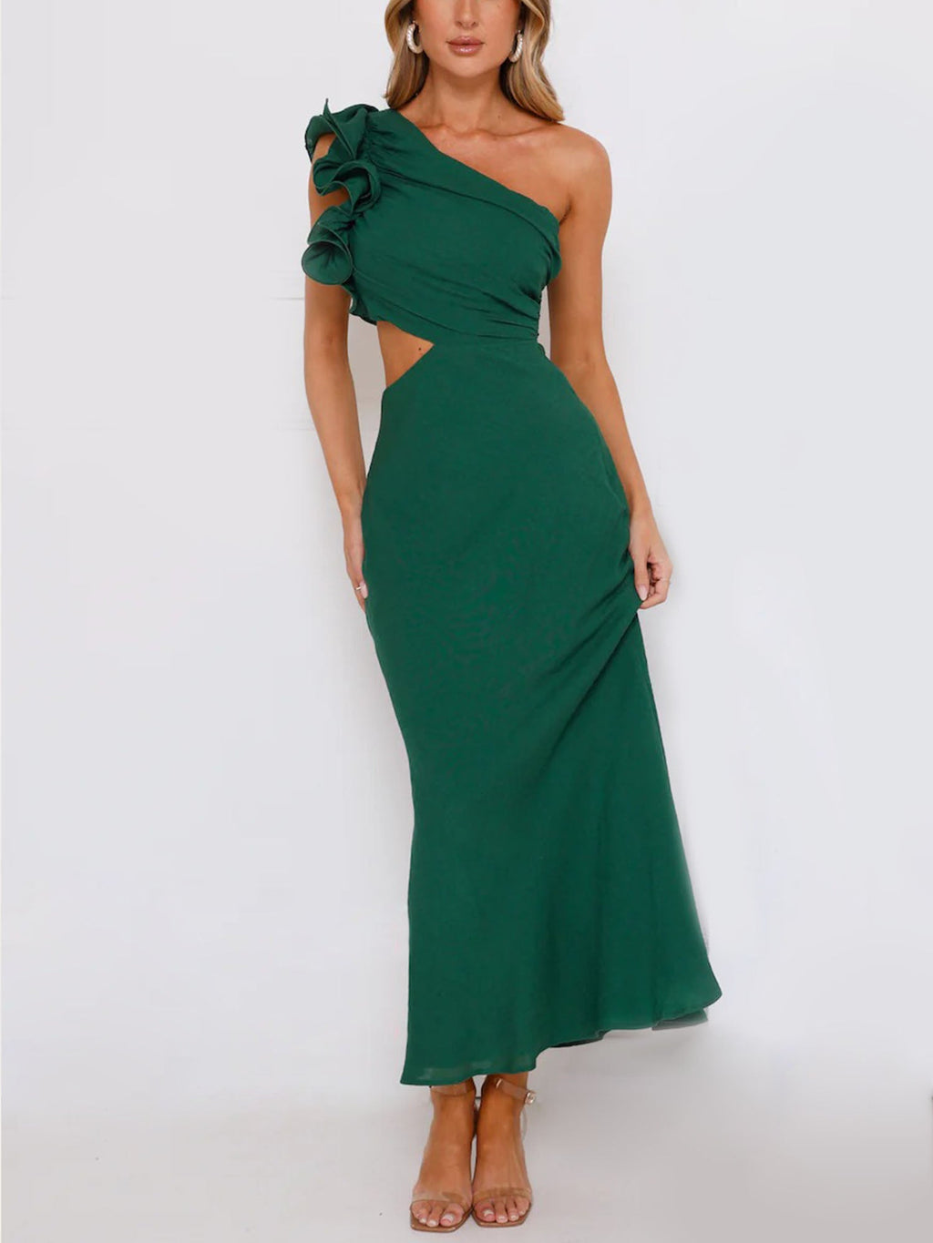 Emerald Green One-Shoulder Cutout Maxi Dress – Gretachic