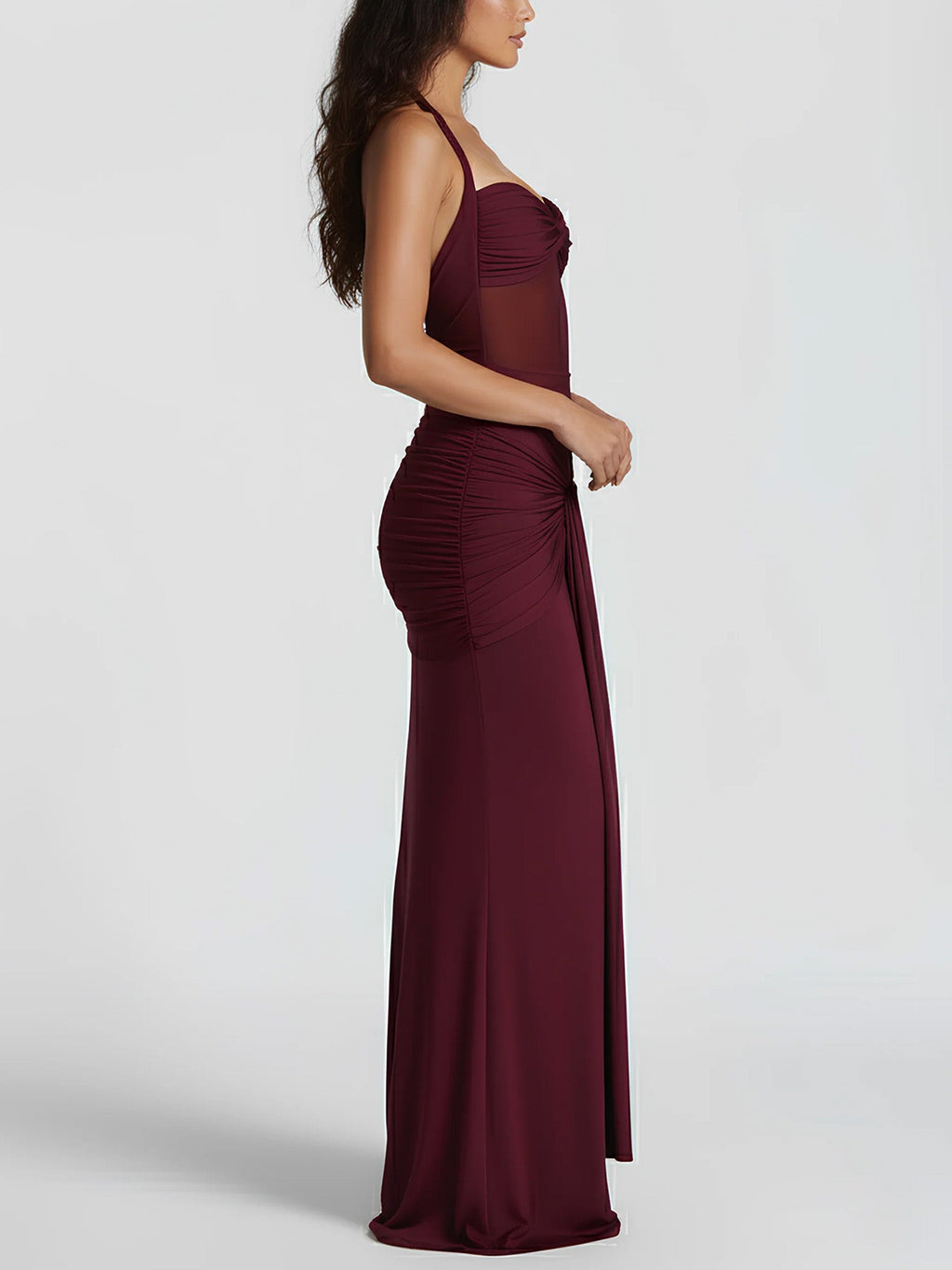 Red Draped Halter Maxi Dress Sheer Elegance