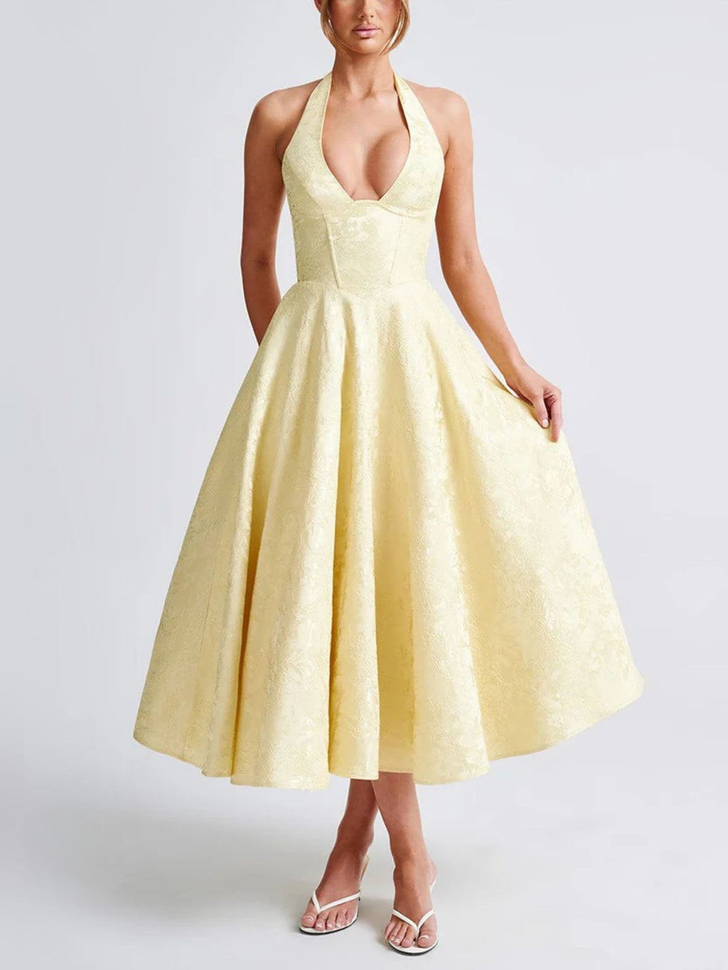 Yellow Halter Flared Midi Dress