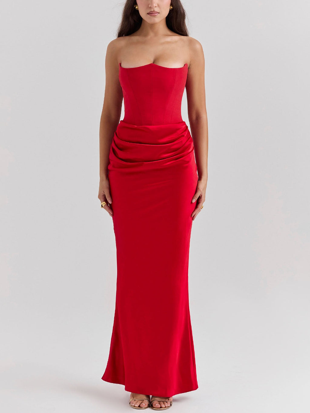 Gaun Maxi Bodycon Bertali Tanpa Tali Merah
