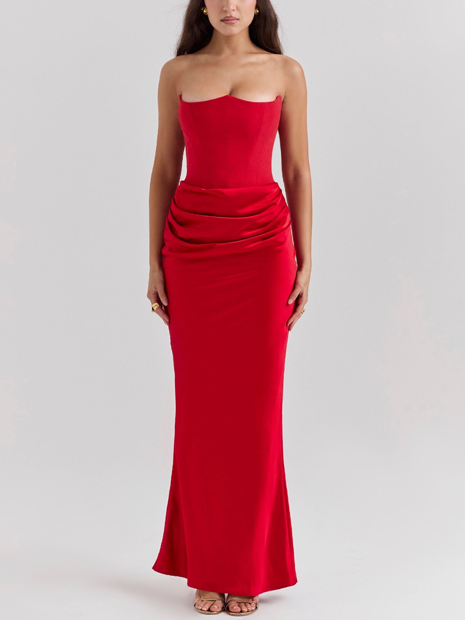 Red Strapless Draped Bodycon Maxi Dress