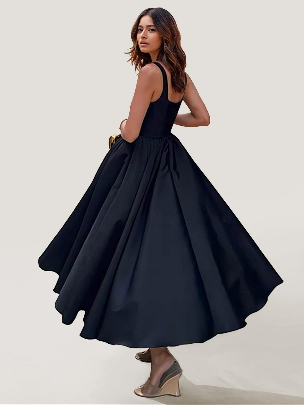 Gaun Midi Tanpa Tali Satin Elegan