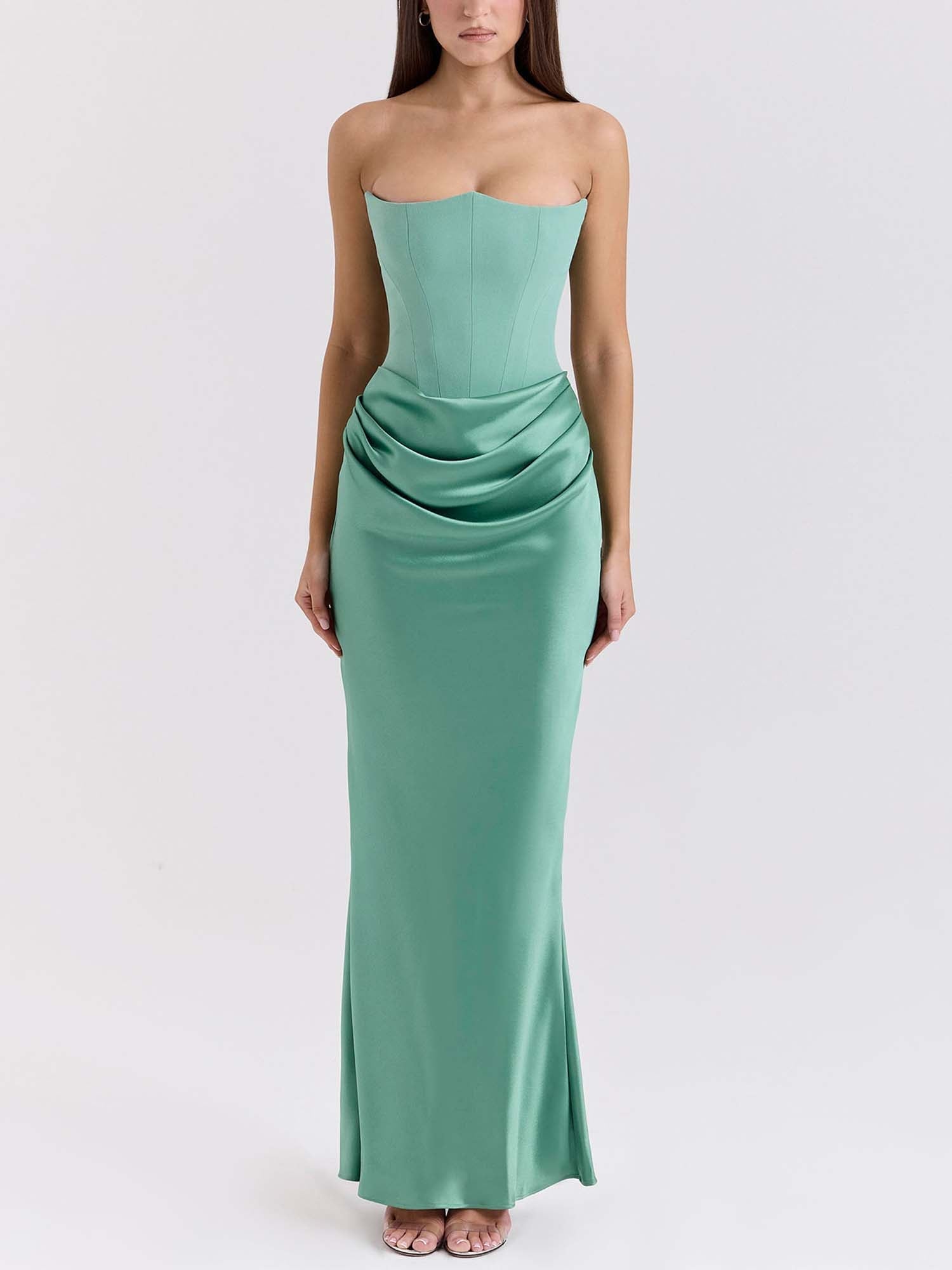 Green Strapless Draped Bodycon Maxi Dress