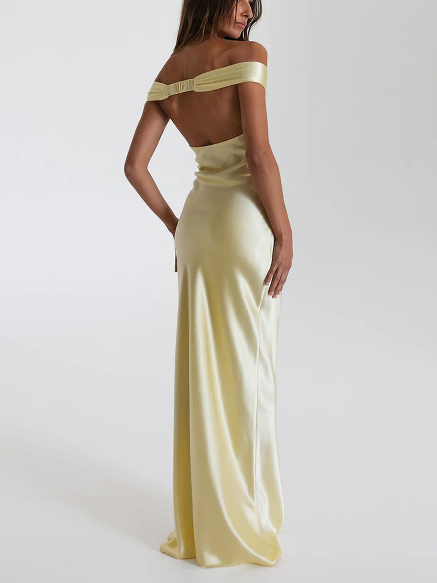 Yellow Off-Shoulder Satin Maxi Dress