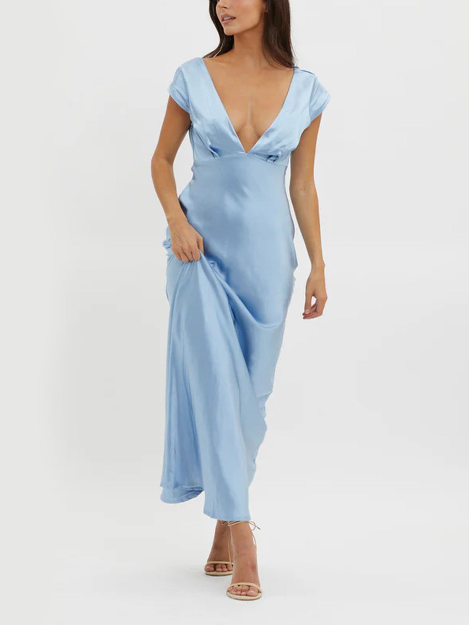Blue Plunge Neck Maxi Dress