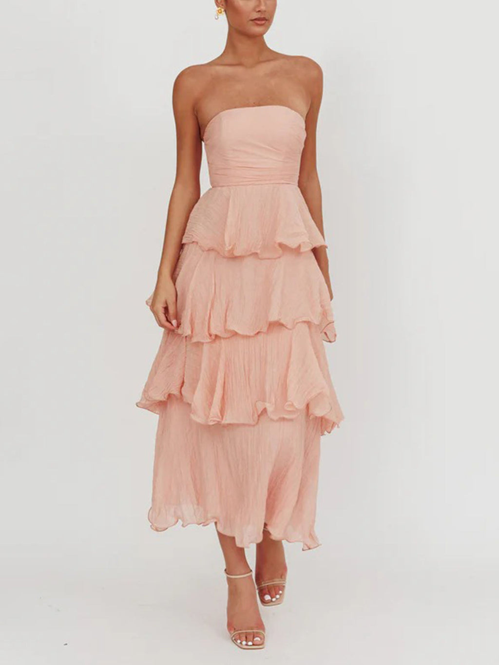 Light Pink Strapless Tiered Midi Dress