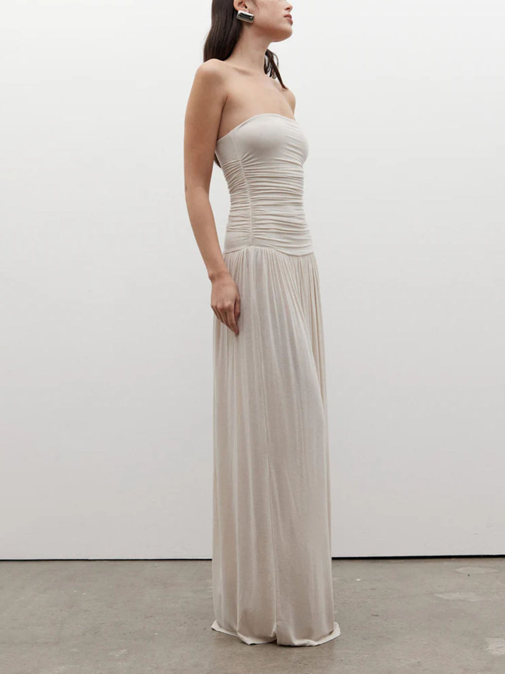 White Strapless Ruched Maxi Dress
