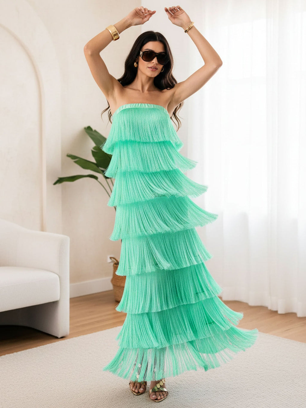 Green Fringed Cascade Maxi Dress