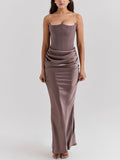 Gaun Maxi Bodycon Bertali Tanpa Tali Coklat