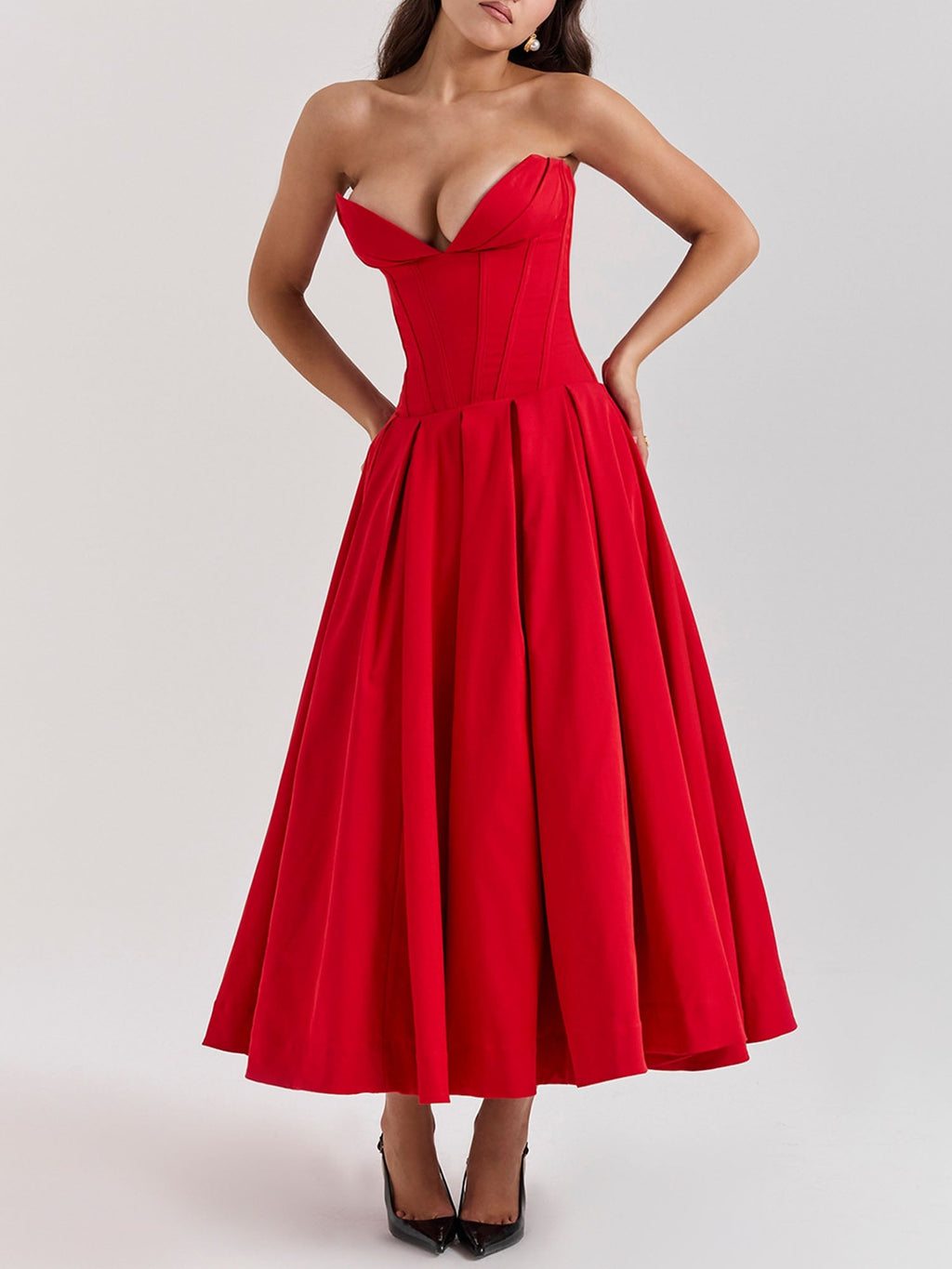 Red Strapless Fit-and-Flare Midi Dress – Gretachic