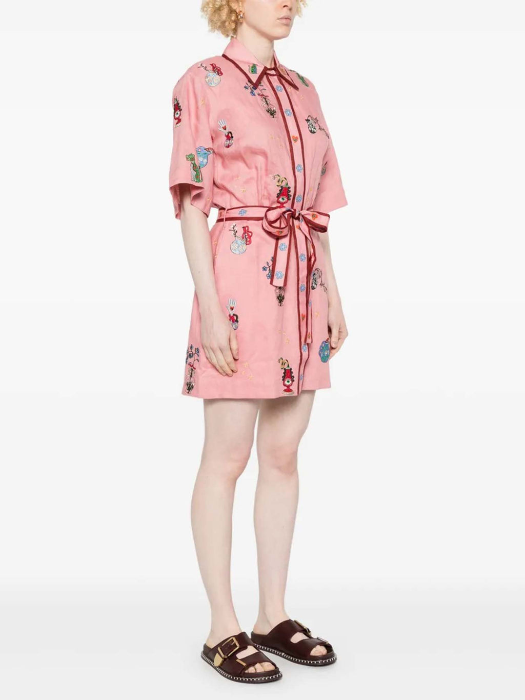 Pink Botanical Embroidered Mini Shirt Dress