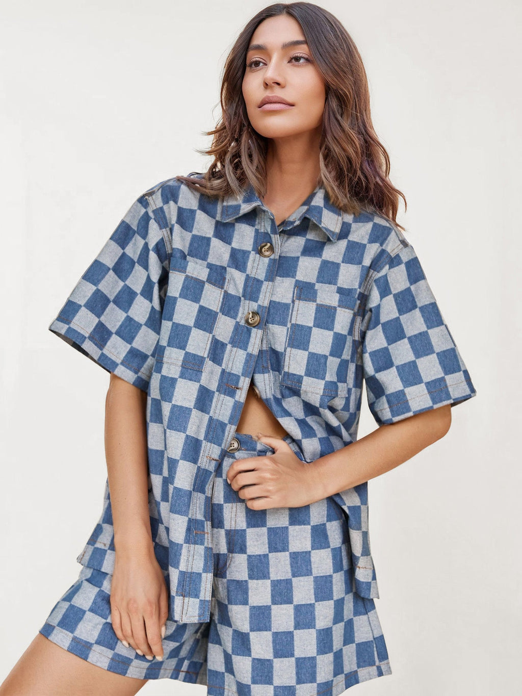 Set Pantai Denim Checkerboard Breeze