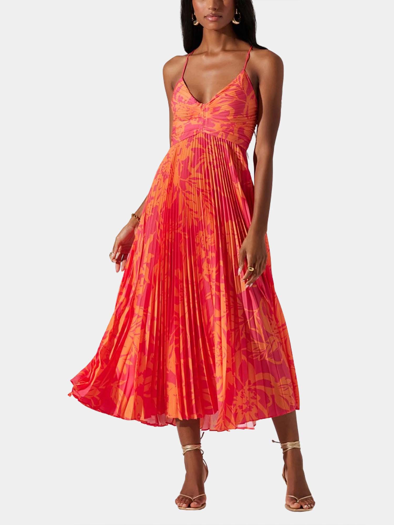 Coral Glow Pleated Midi Dress