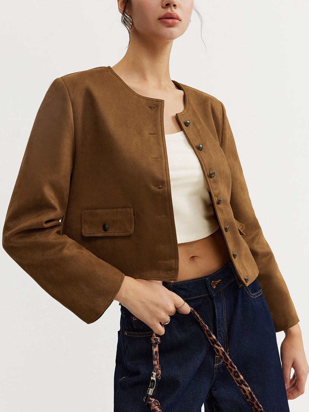 Jaket Berbutang Suede Coklat