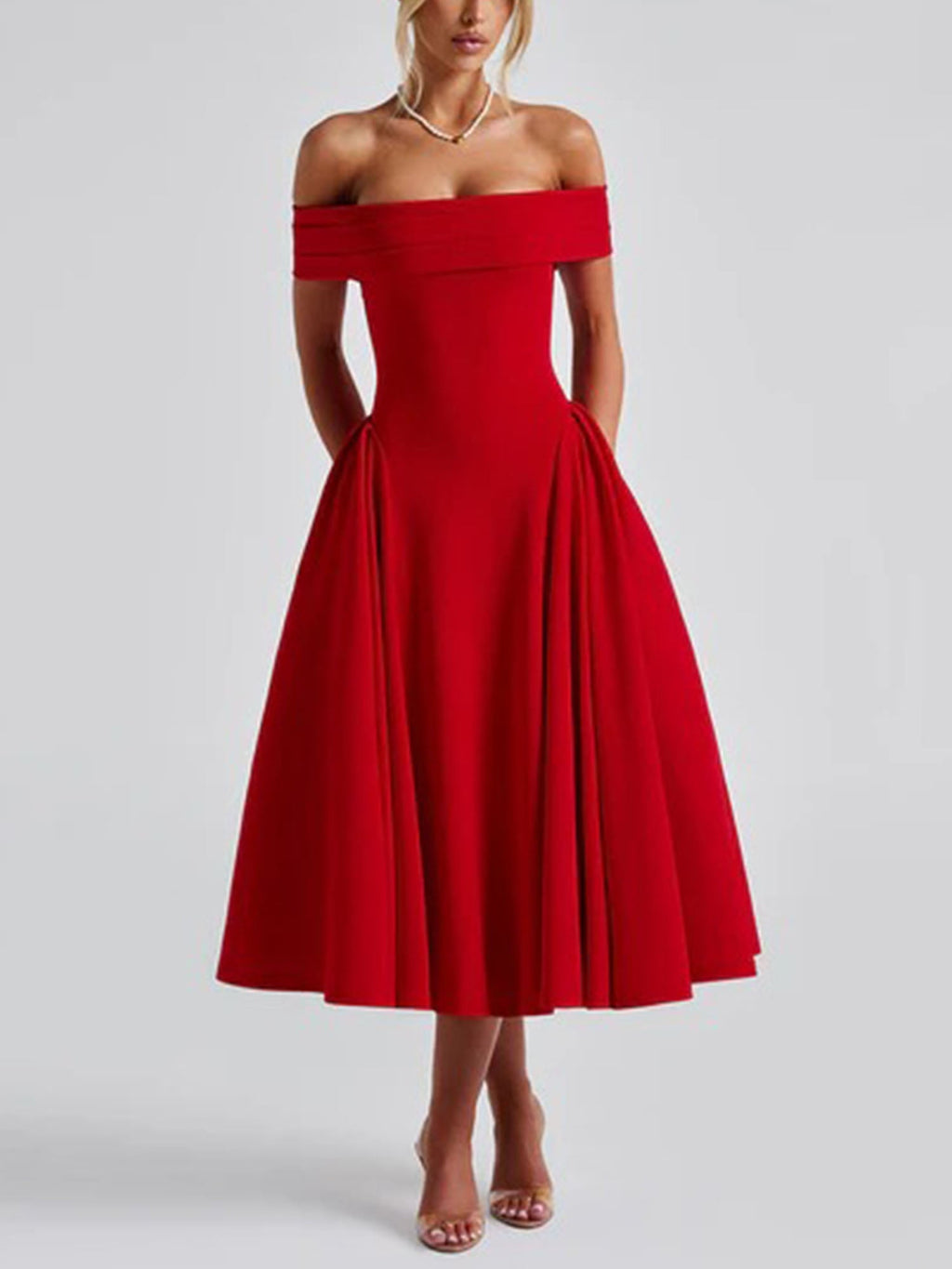 Red Off-Shoulder Vintage-Inspired Midi Dress