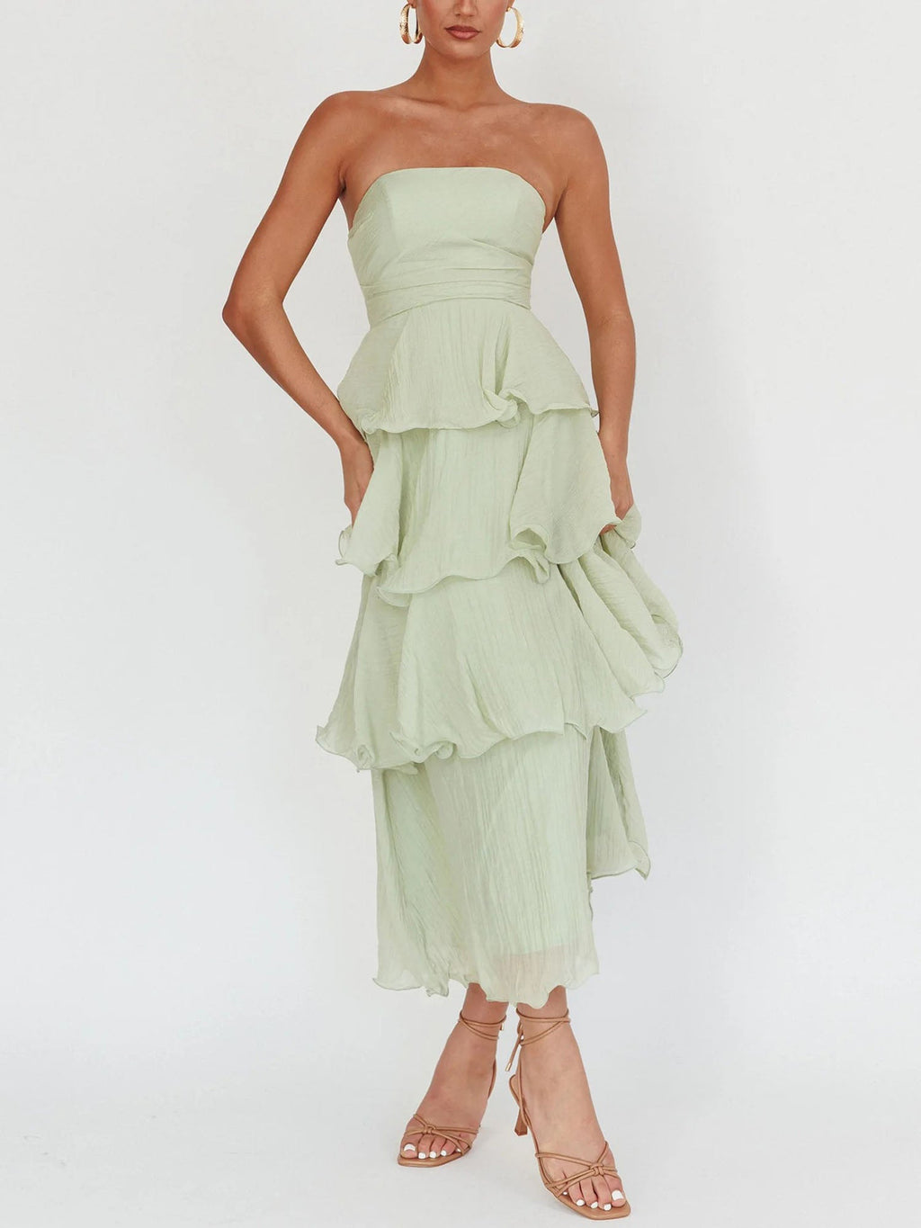 Light Green Strapless Tiered Midi Dress