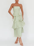 Light Green Strapless Tiered Midi Dress