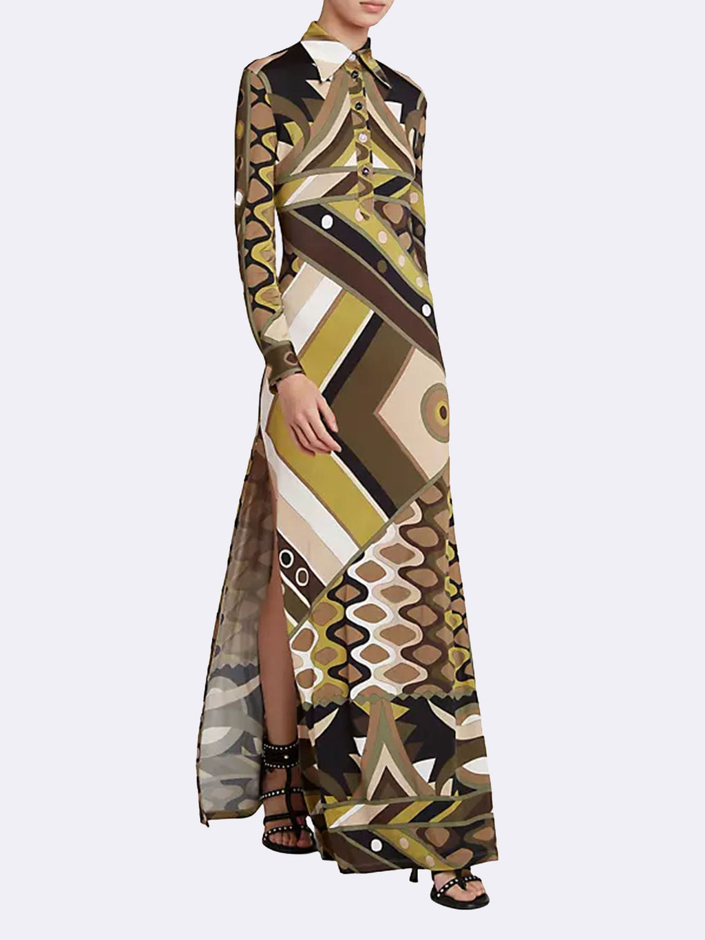 Retro Print Maxi Dress with Long Sleeves