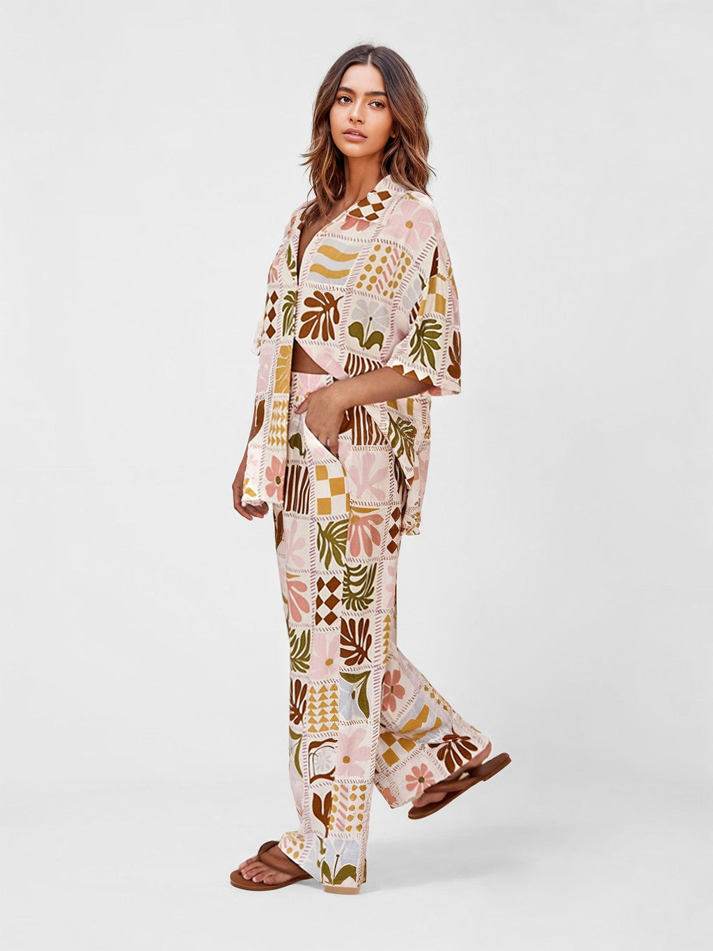 Boho Patchwork Print Oversized Button-Up Shirt