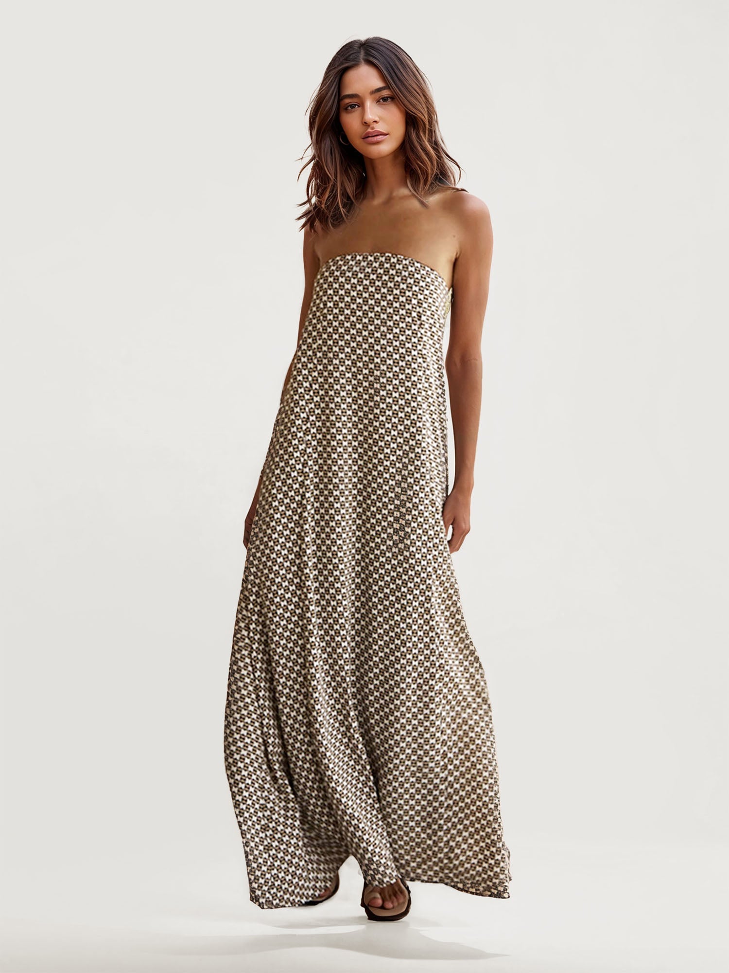 Geometric Print Strapless Maxi Dress