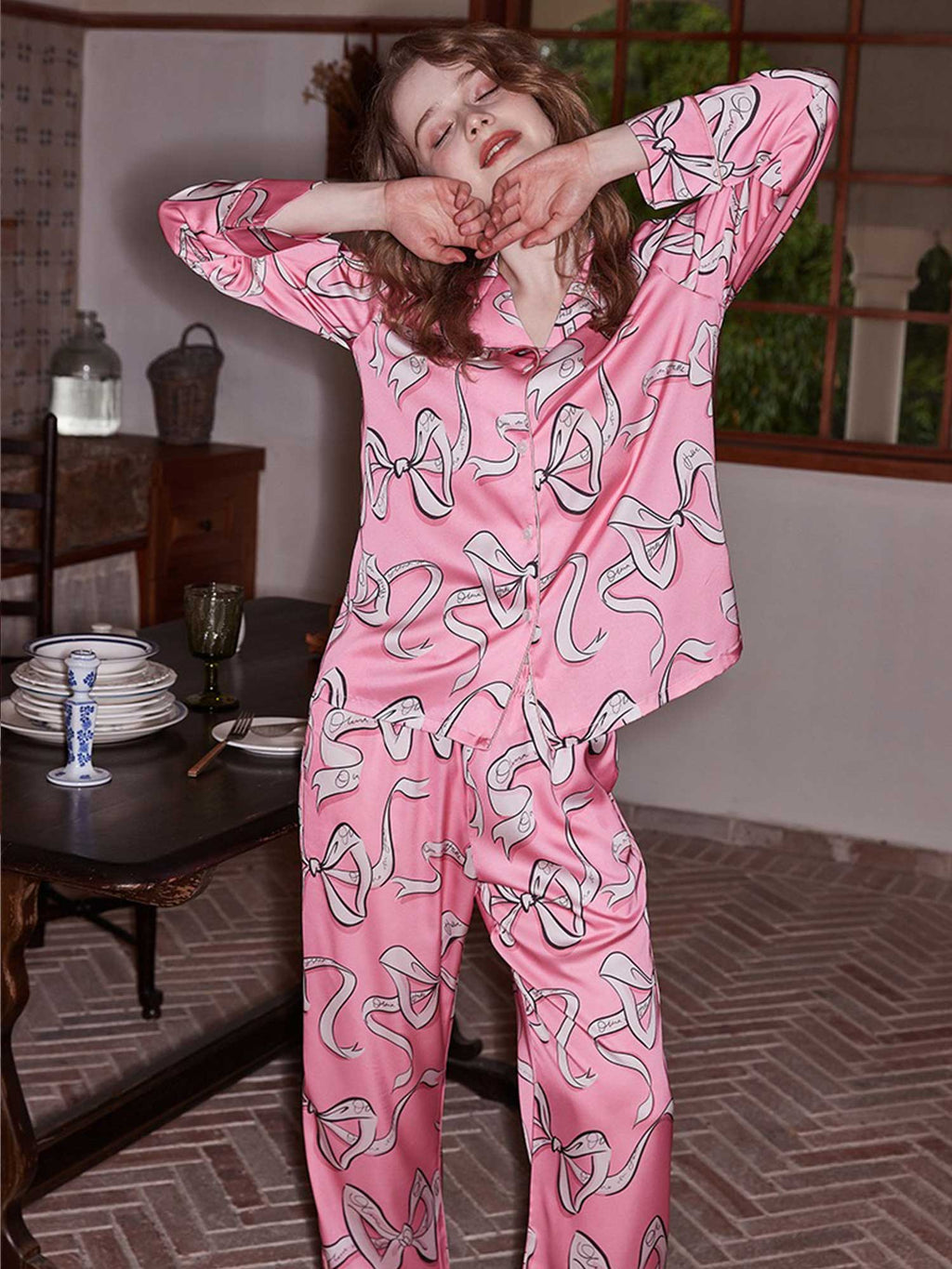 Pink Bow Print Pajama Set
