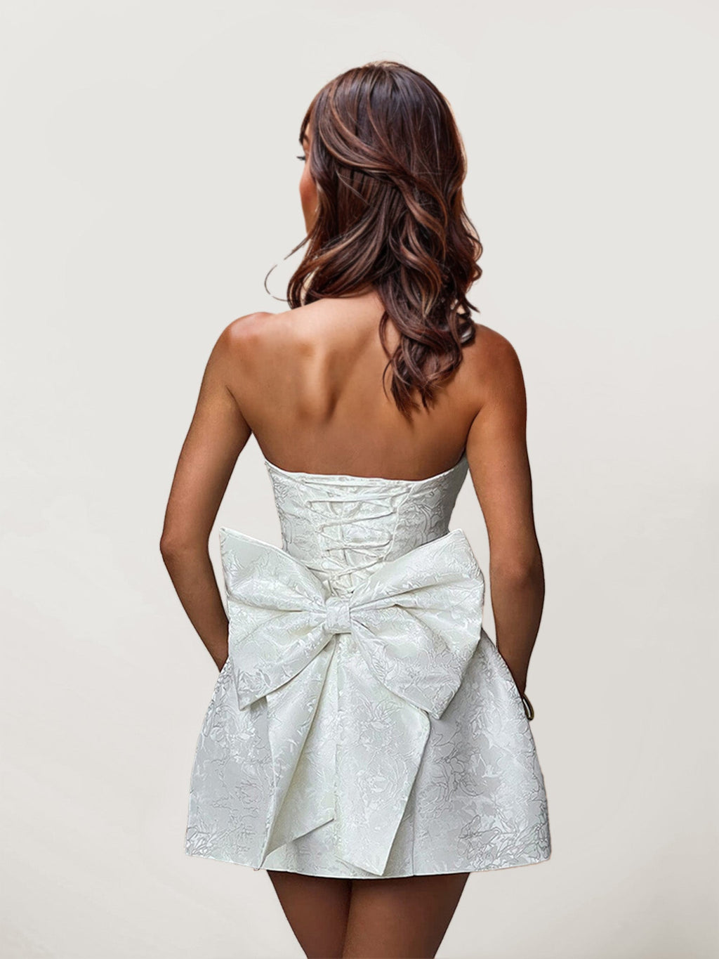 Gaun Mini Jacquard Mewah dengan Reben