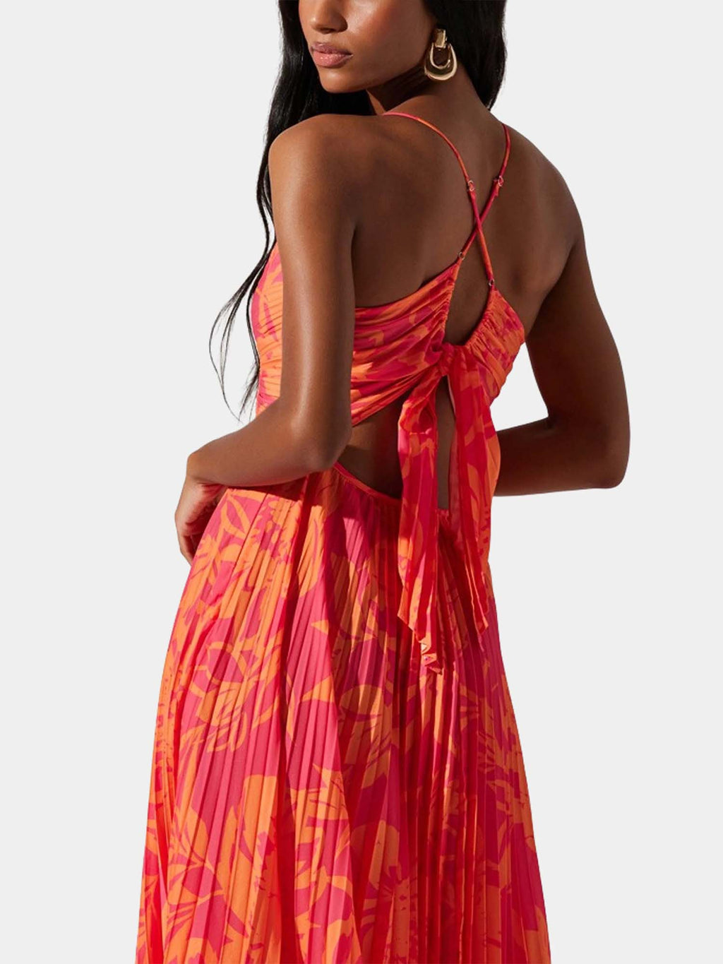 Coral Glow Pleated Midi Dress