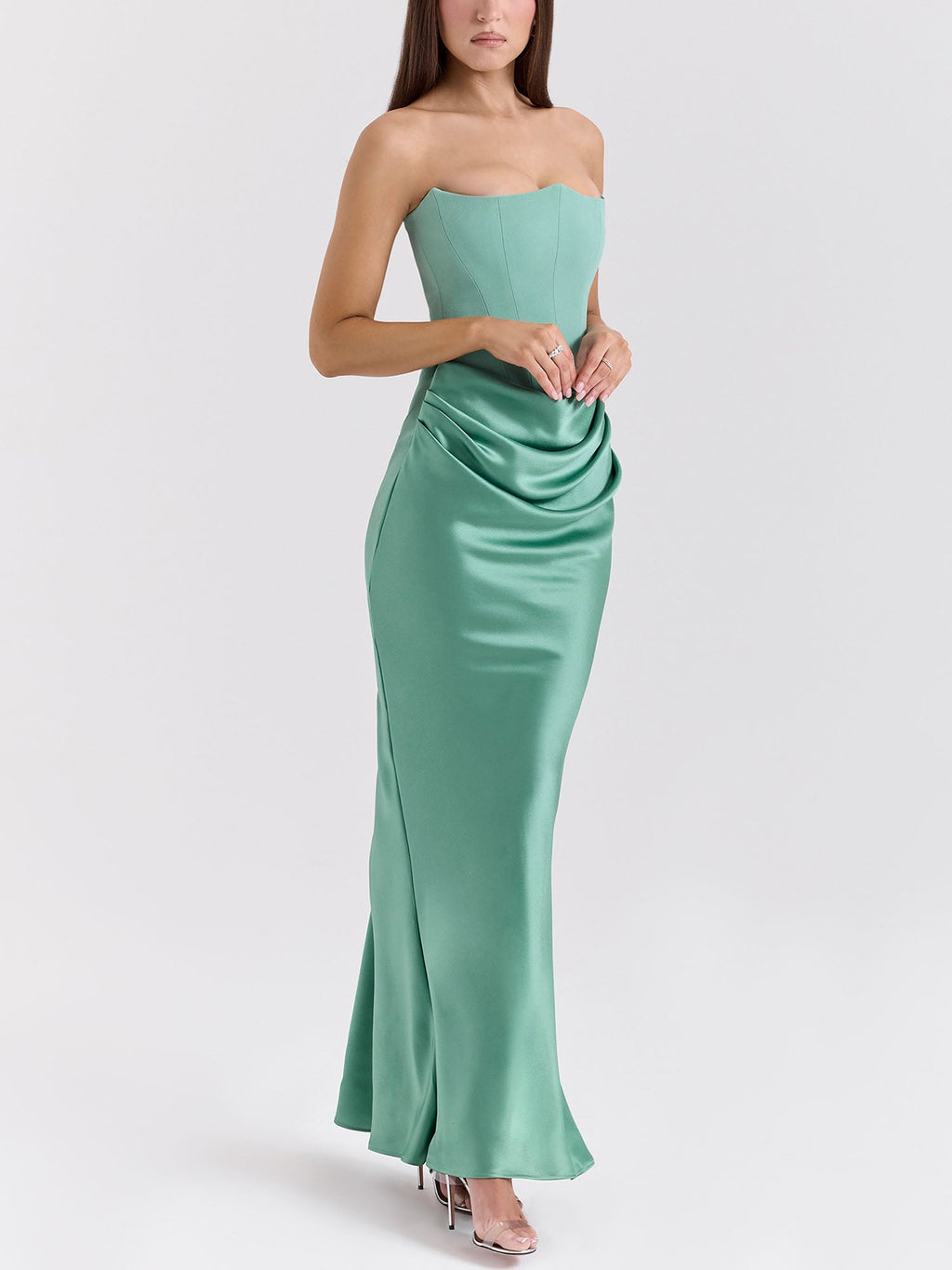 Green Strapless Draped Bodycon Maxi Dress