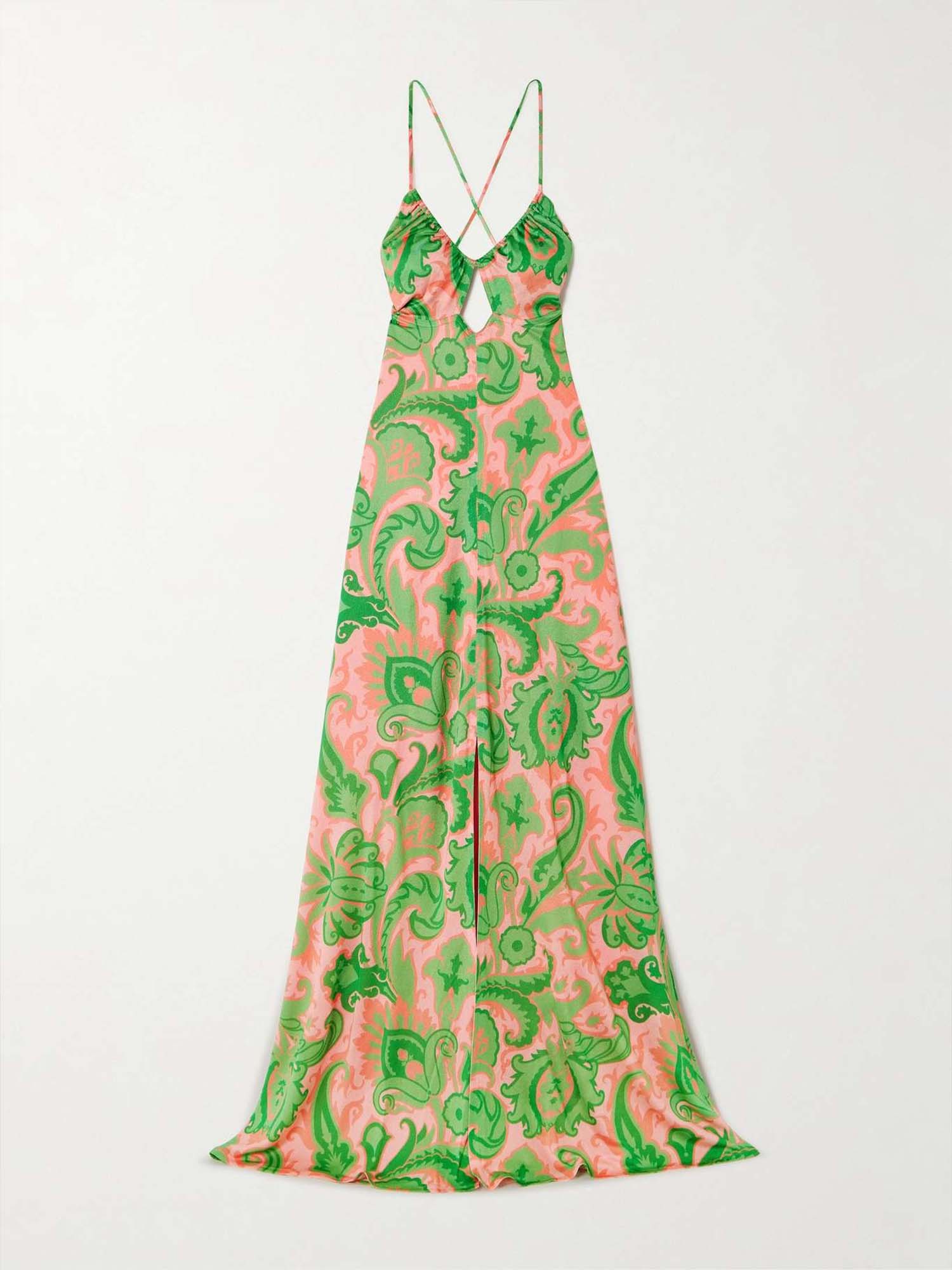 Green & Coral Printed Halter Maxi Dress