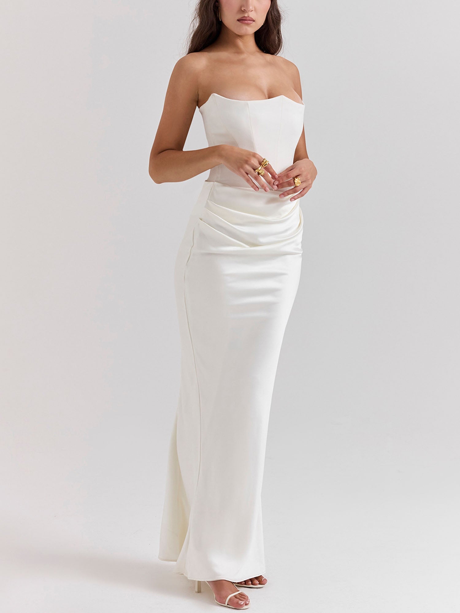 White Strapless Draped Bodycon Maxi Dress