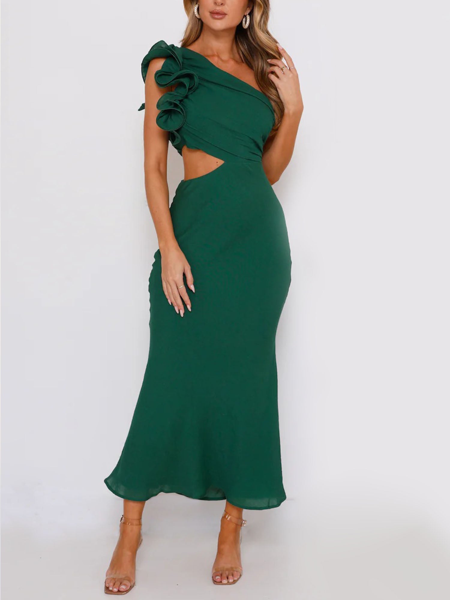 Emerald Green One-Shoulder Cutout Maxi Dress – Gretachic