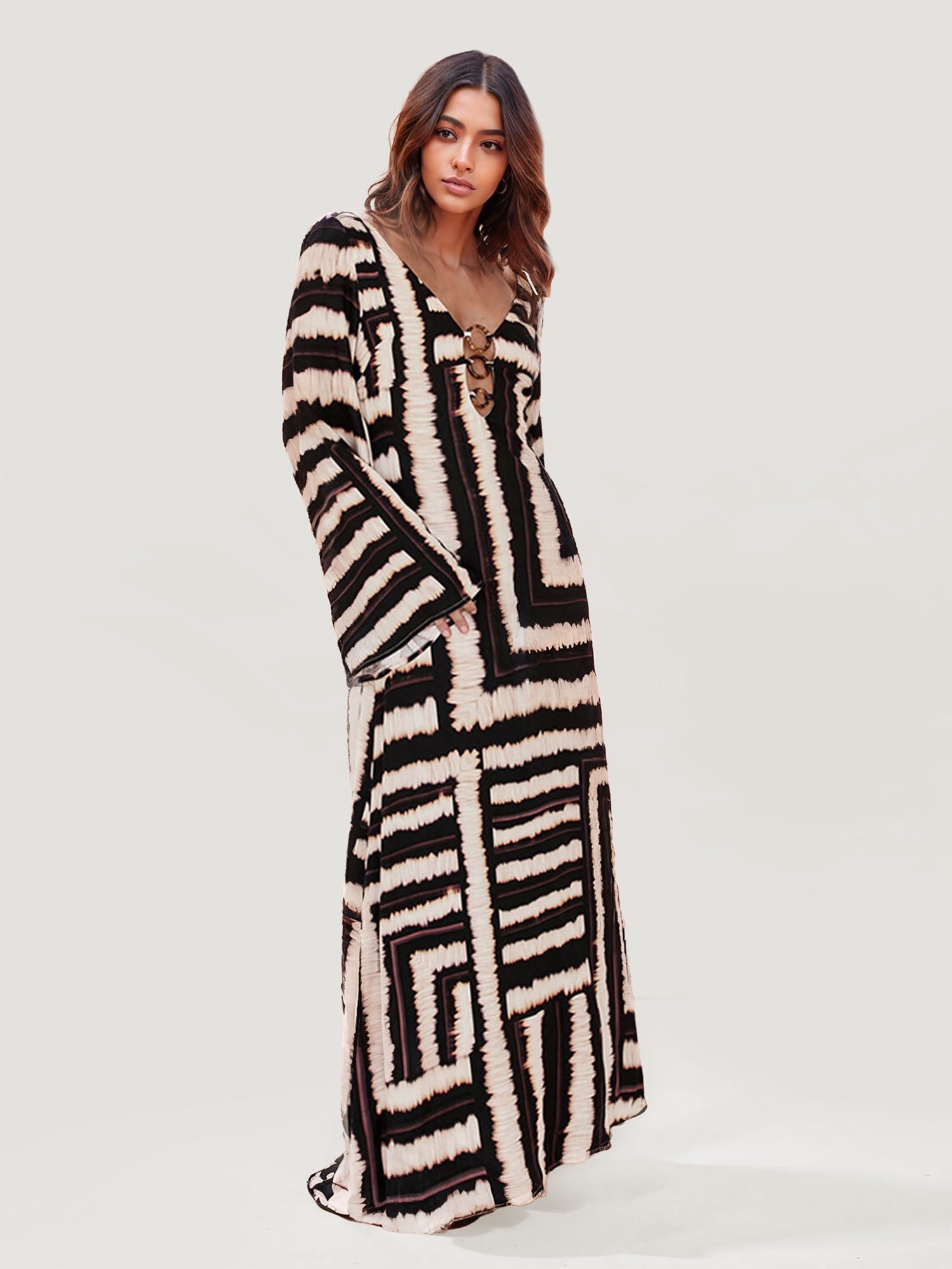 Bohemian Stripe Pattern V-Neck Maxi Dress