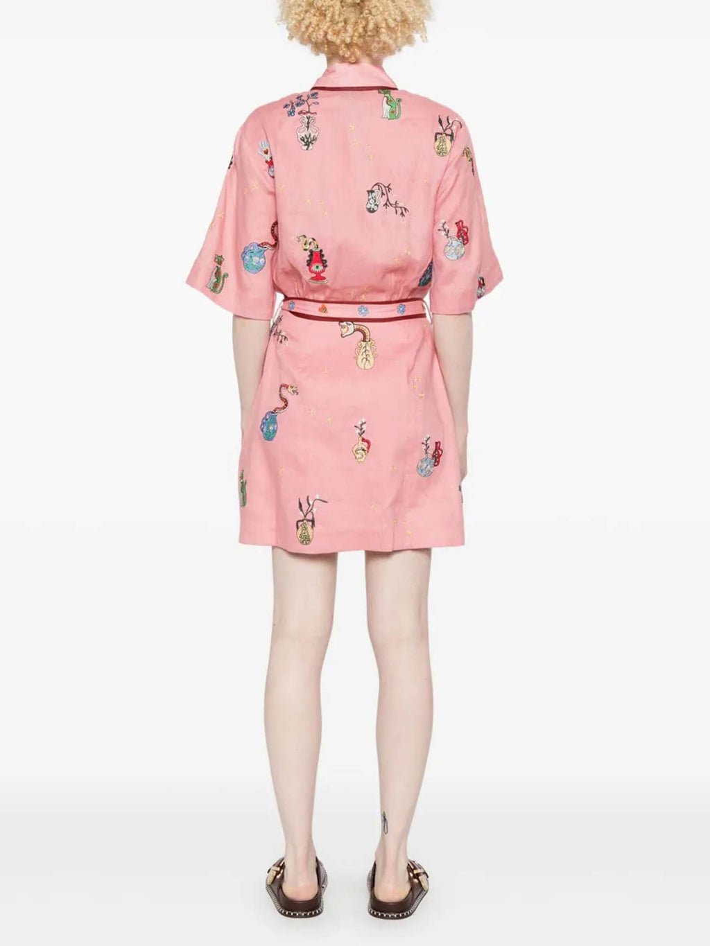 Pink Botanical Embroidered Mini Shirt Dress