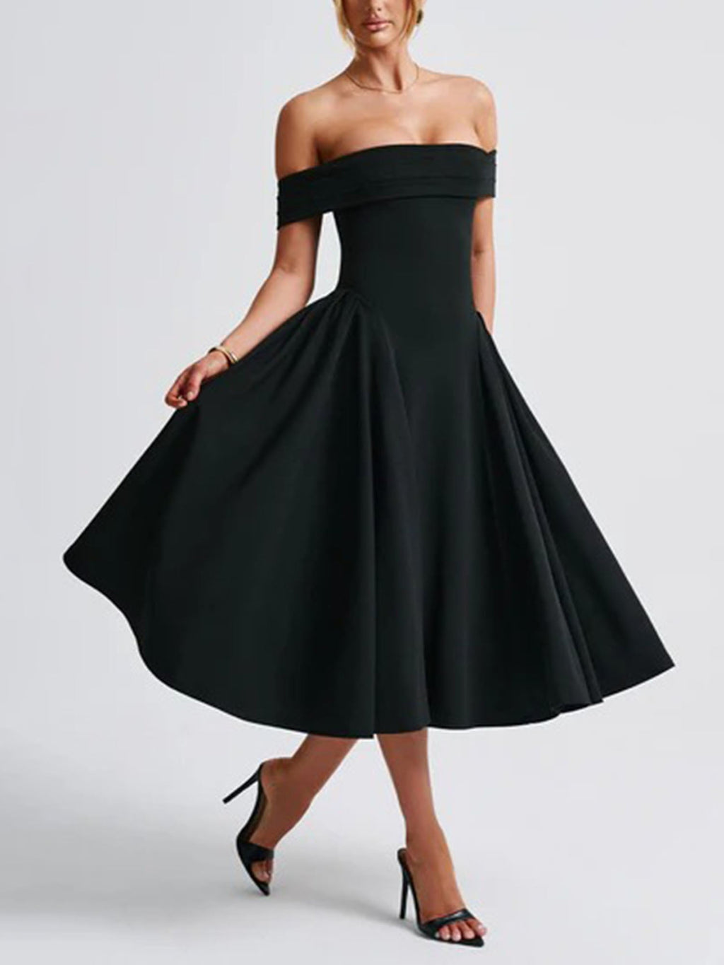 Black Off-Shoulder Vintage-Inspired Midi Dress