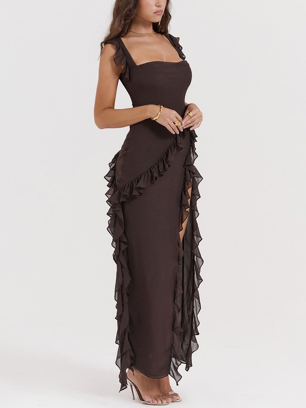 Brown Ruffled Cutout Maxi Dress with High Slit