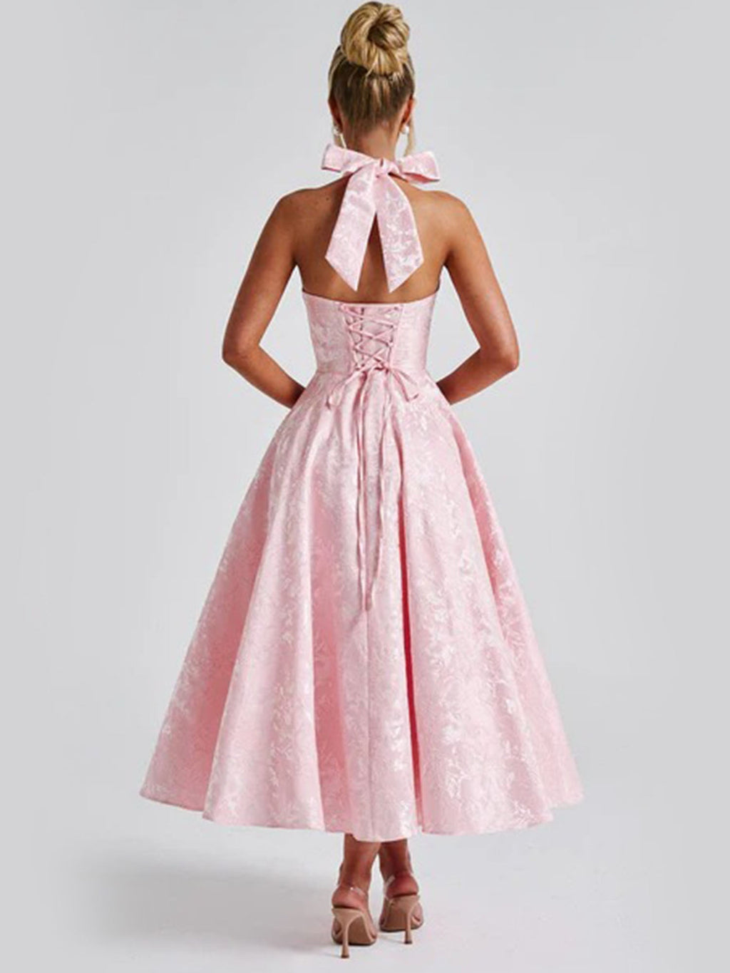 Pink Halter Flared Midi Dress