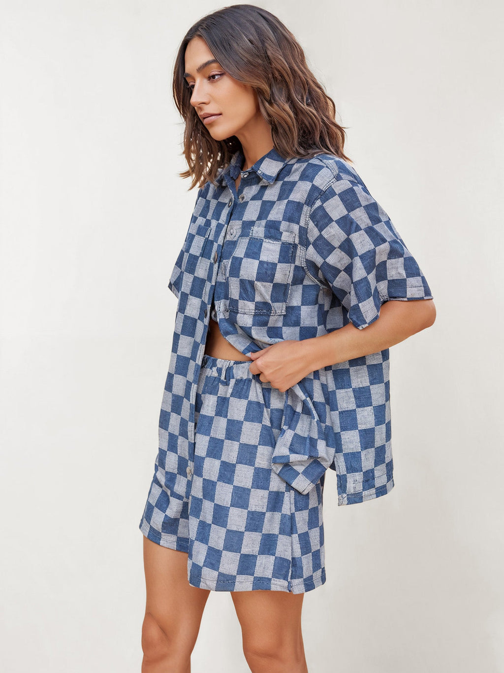 Set Pantai Denim Checkerboard Breeze