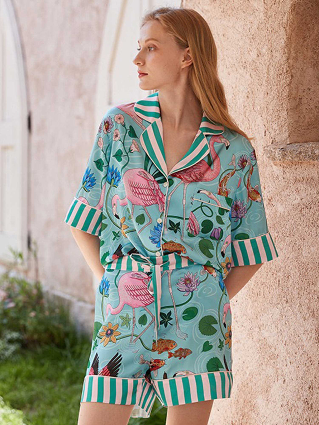 Set Pajama Pendek Bercorak Flamingo