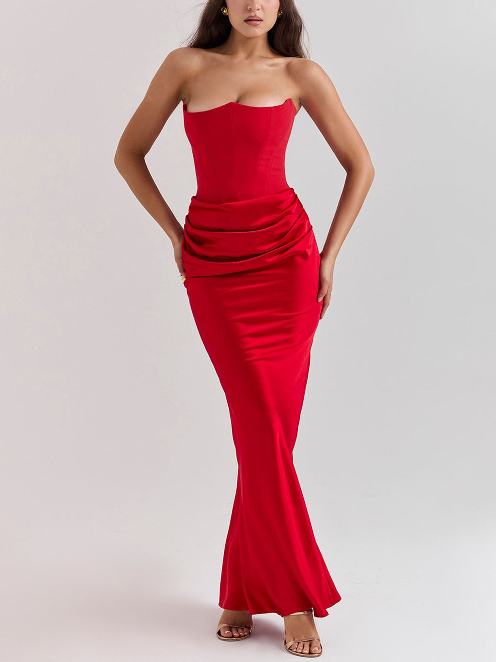 Gaun Maxi Bodycon Bertali Tanpa Tali Merah