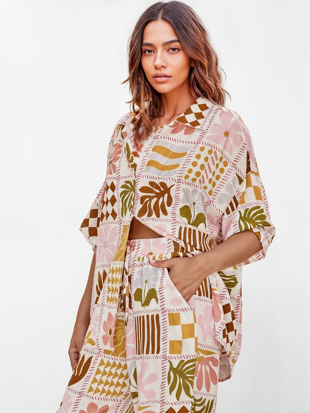 Boho Patchwork Print Oversized Button-Up Shirt