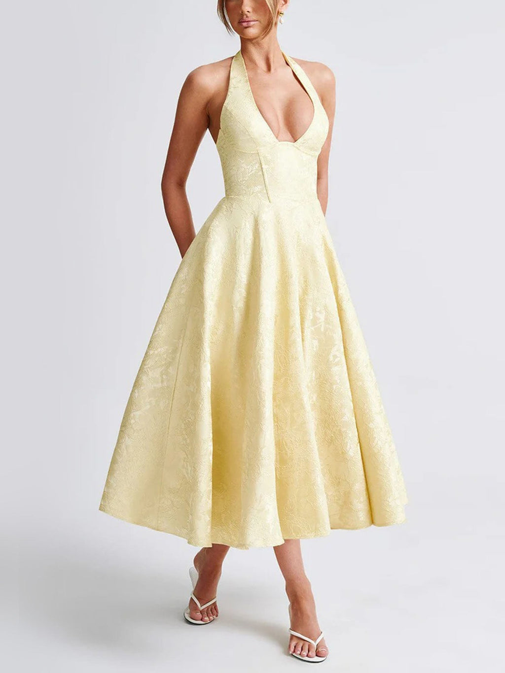 Yellow Halter Flared Midi Dress