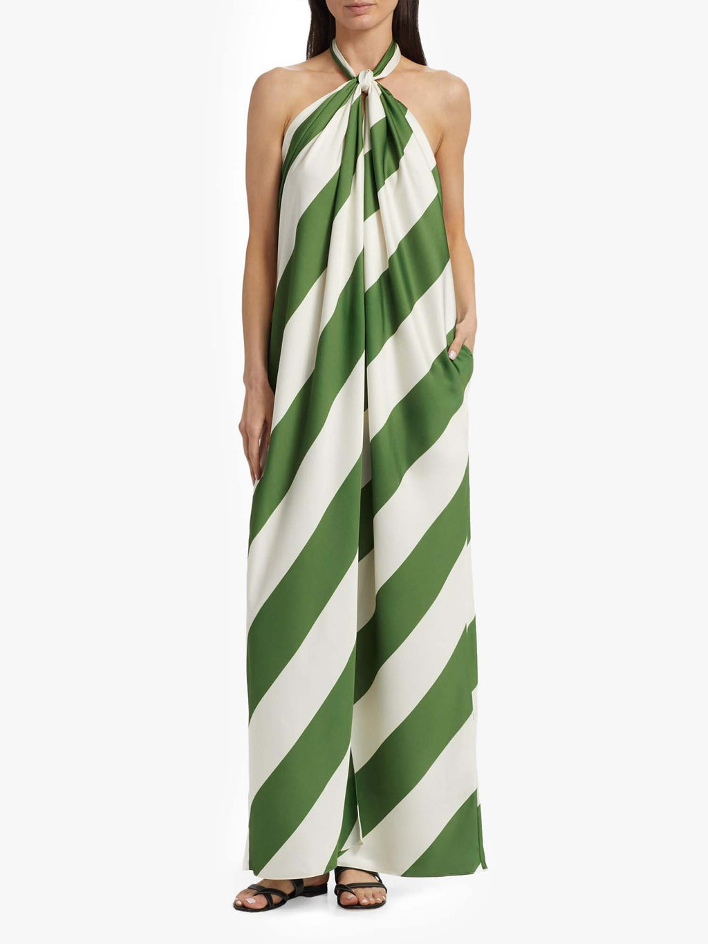 Green Diagonal Stripe Halter Maxi Dress