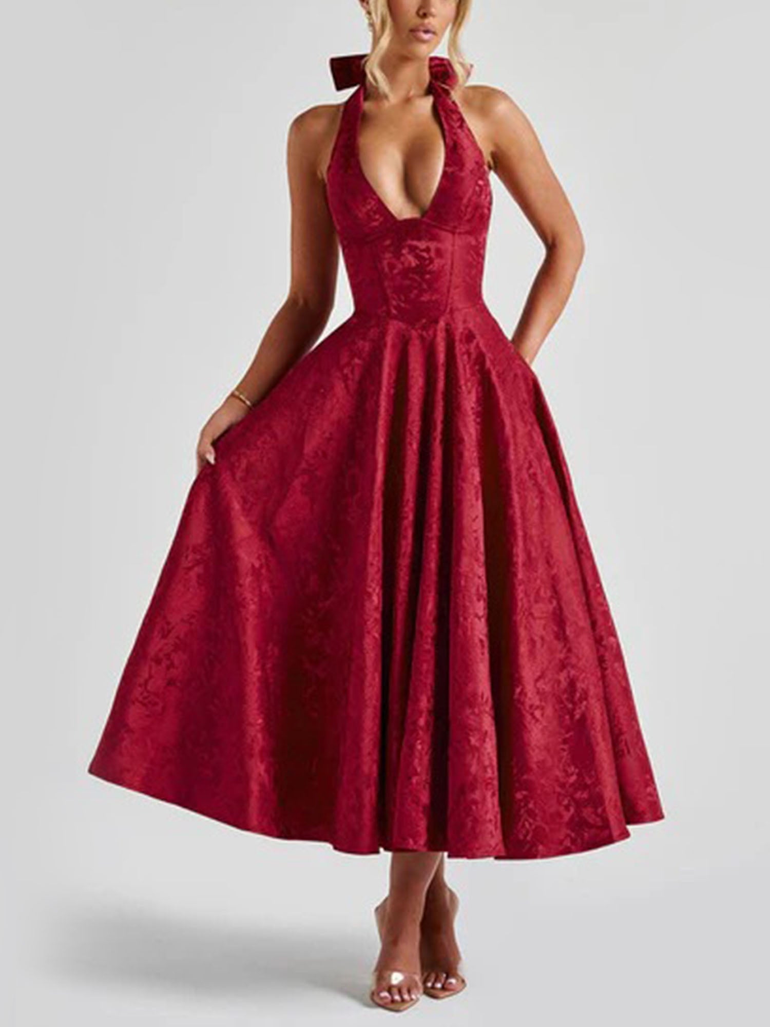 Red Halter Flared Midi Dress - S / Red Red Halter Flared Midi Dress - S / Red