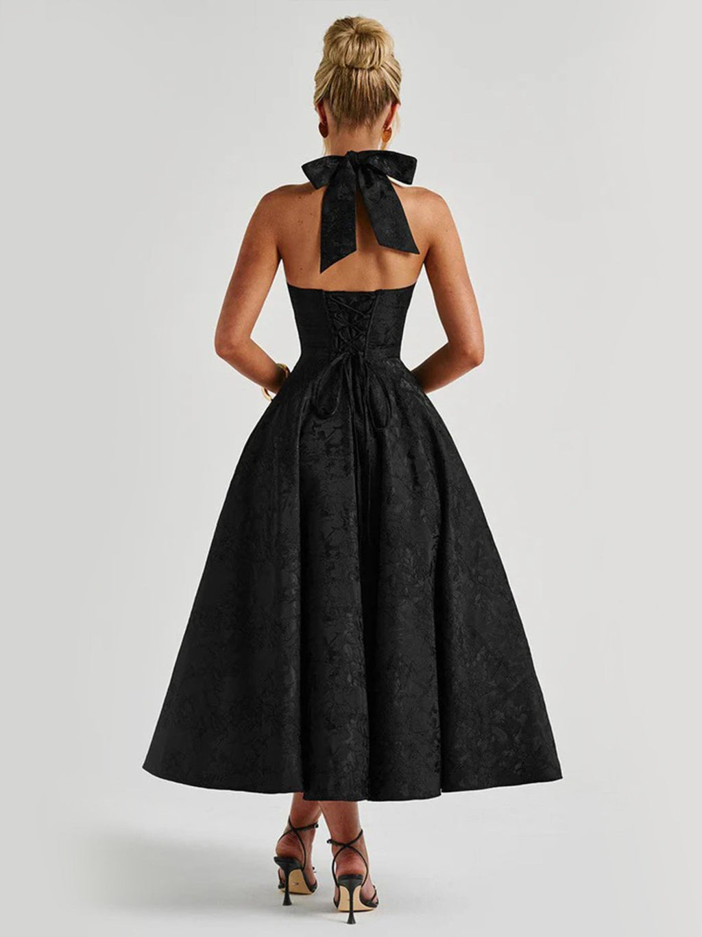 Black Halter Flared Midi Dress