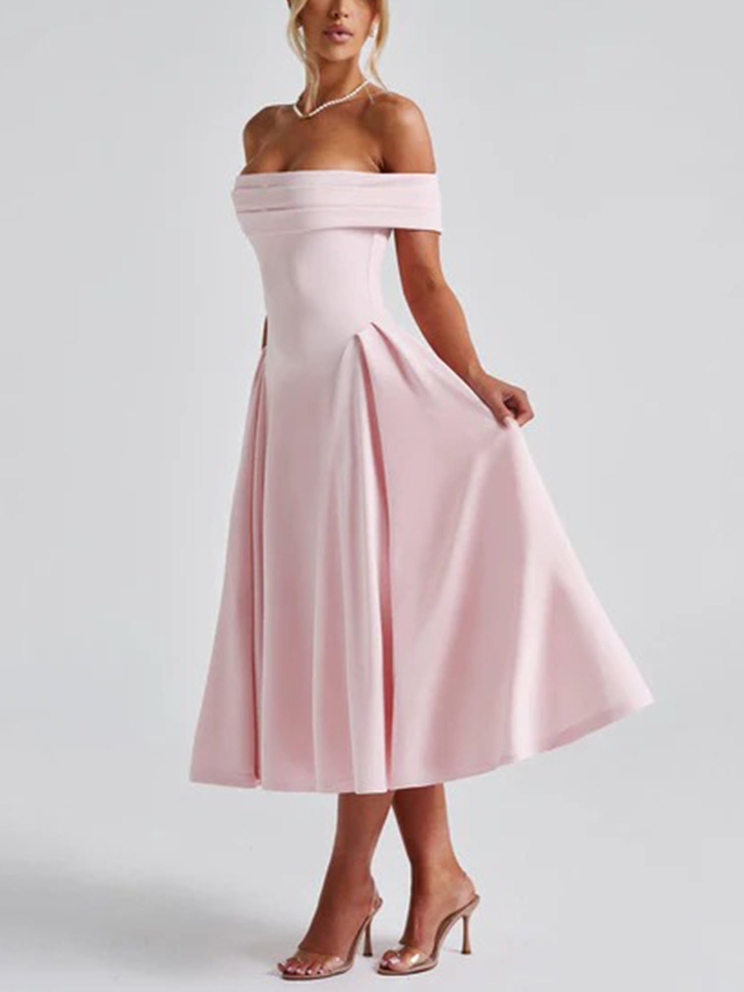 Pink Off-Shoulder Vintage-Inspired Midi Dress