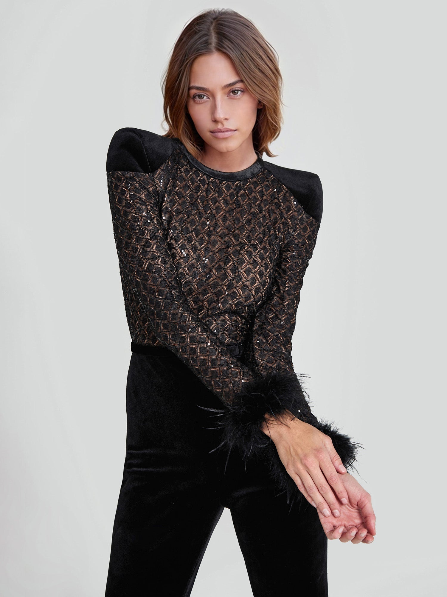 Lace Sequined Feather Trim Flared Jumpsuit