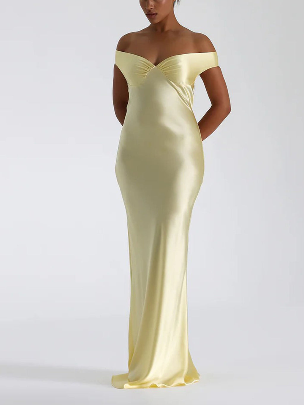 Yellow Off-Shoulder Satin Maxi Dress