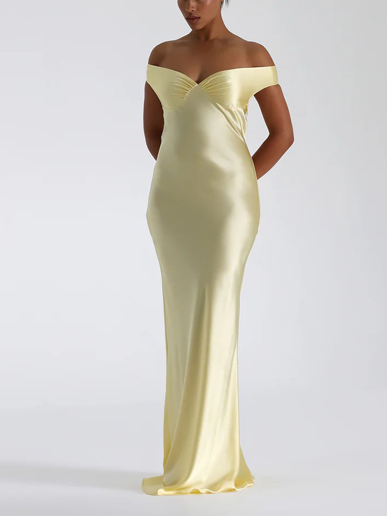 Yellow Off-Shoulder Satin Maxi Dress