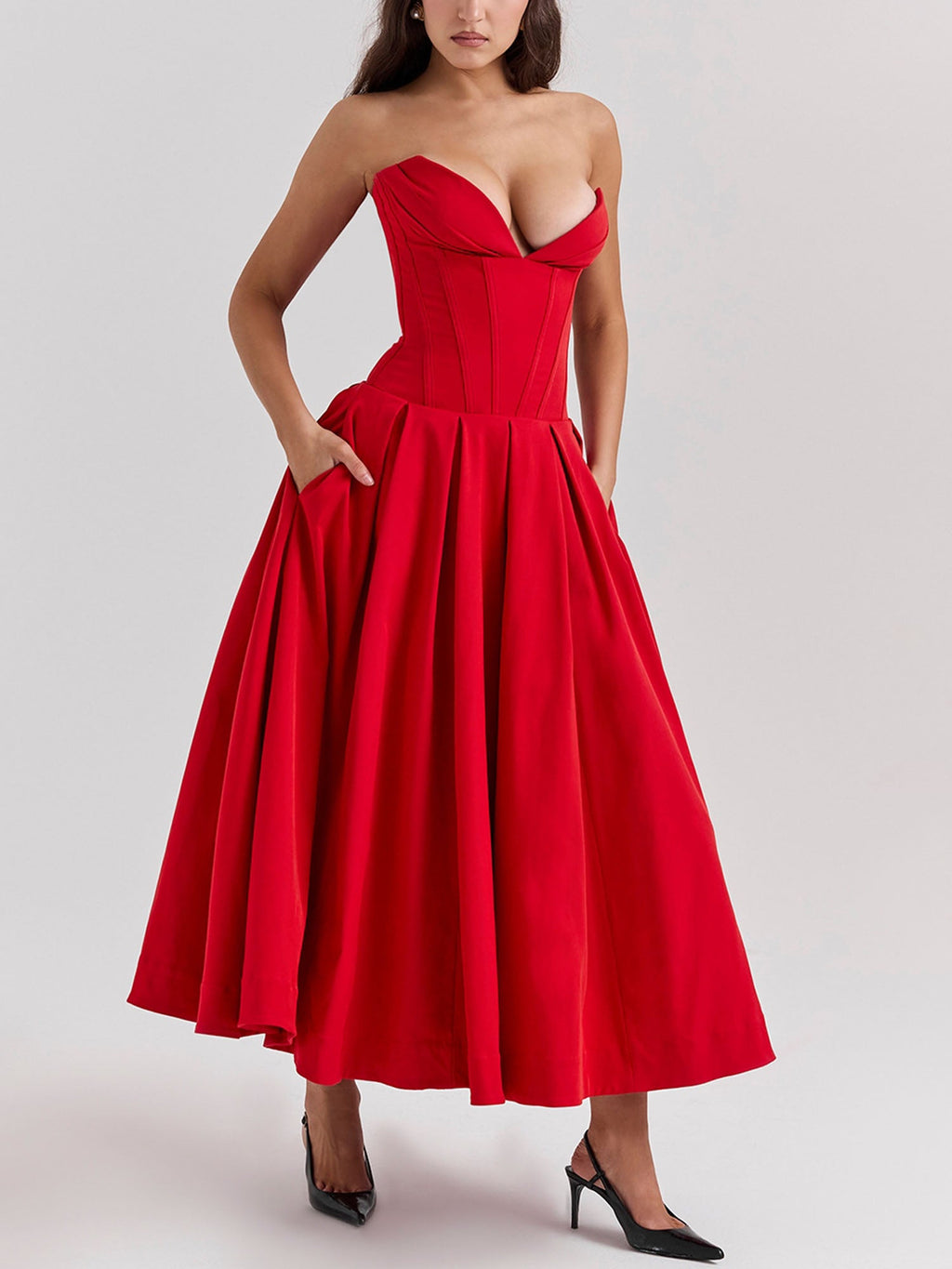 Red Strapless Fit-and-Flare Midi Dress